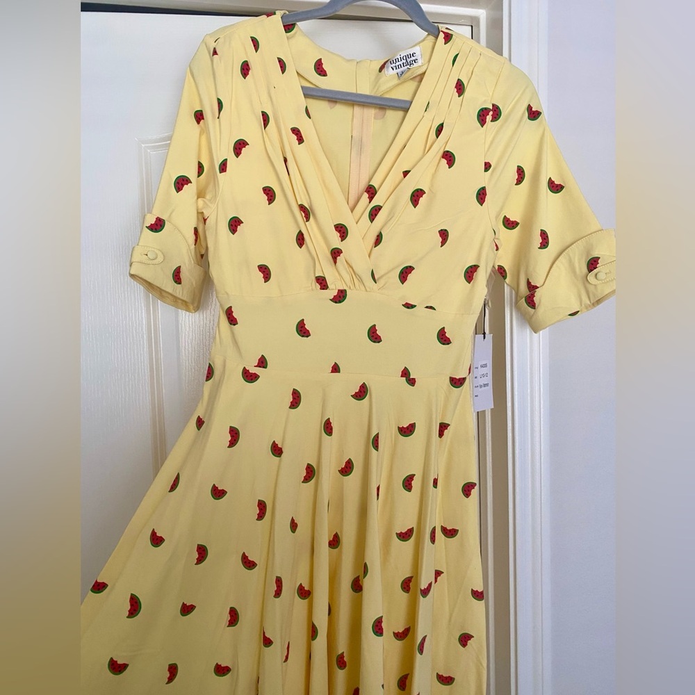 NWT Unique Vintage Yellow Watermelon Allover Print Swing Retro 50s Dolores Dress